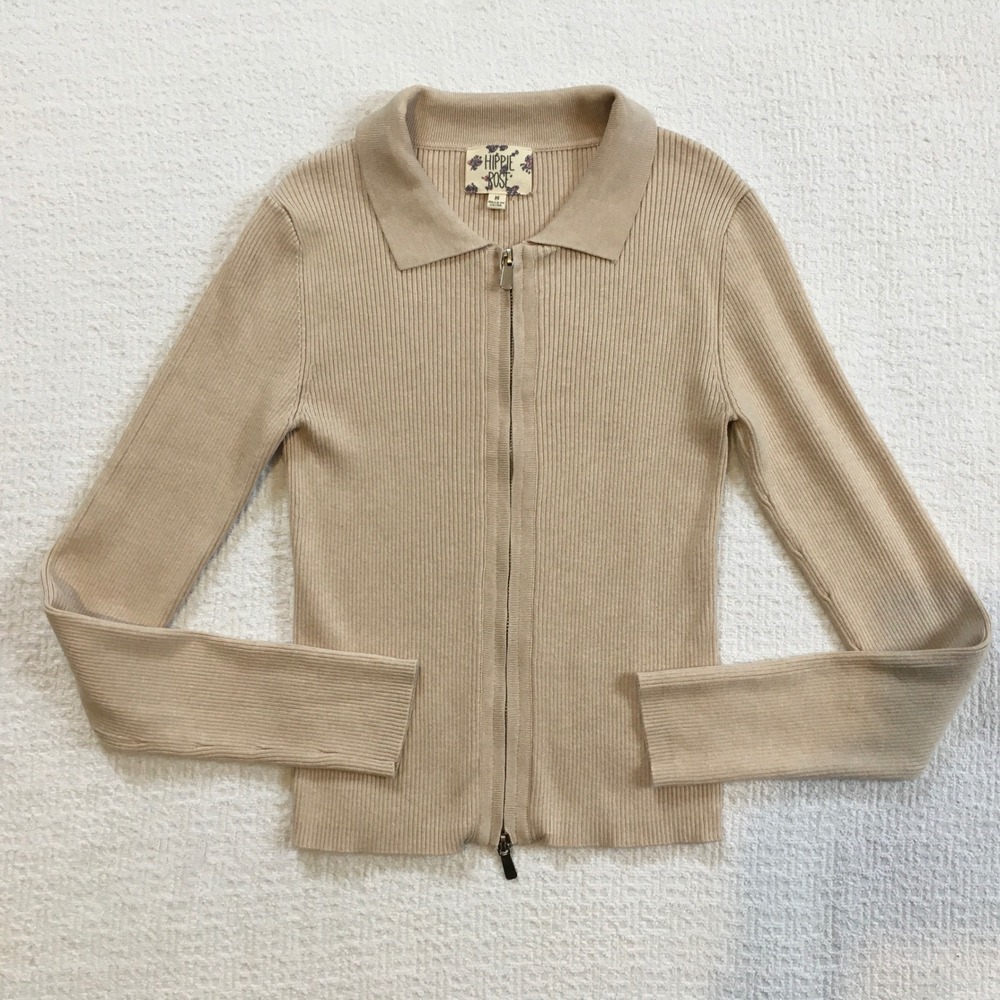 Hippie Rose Ribbed‎ Knit Collared Double Zip Cardigan Coquette Tan Women's M - Picture 2 of 7